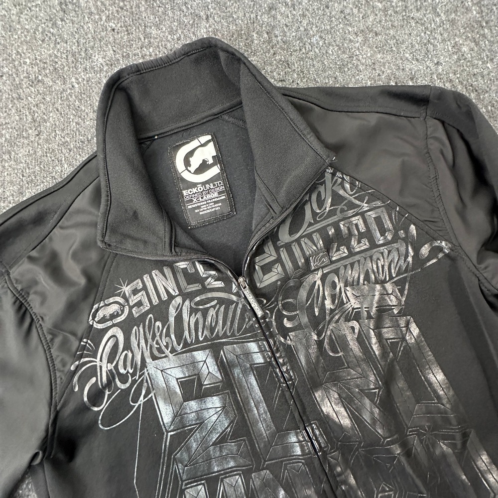Ecko Unltd Track Jacket Men XL Black Full Zip Graphic Streetwear Rhino Logo